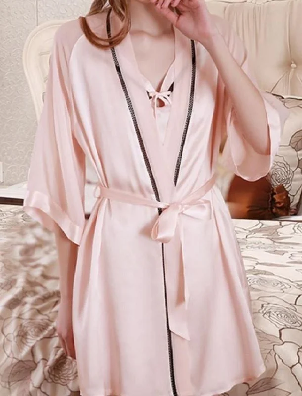 kimono - style women robes for a Japanese - inspired aestheticSolid Silk Pink Chemise & Robe Wih Lace - Rb Che-Pk