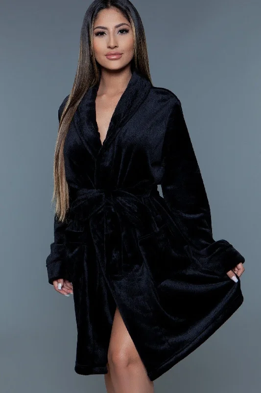 women robes with a shawl collar for styleBlack Mid-Length Push Robe