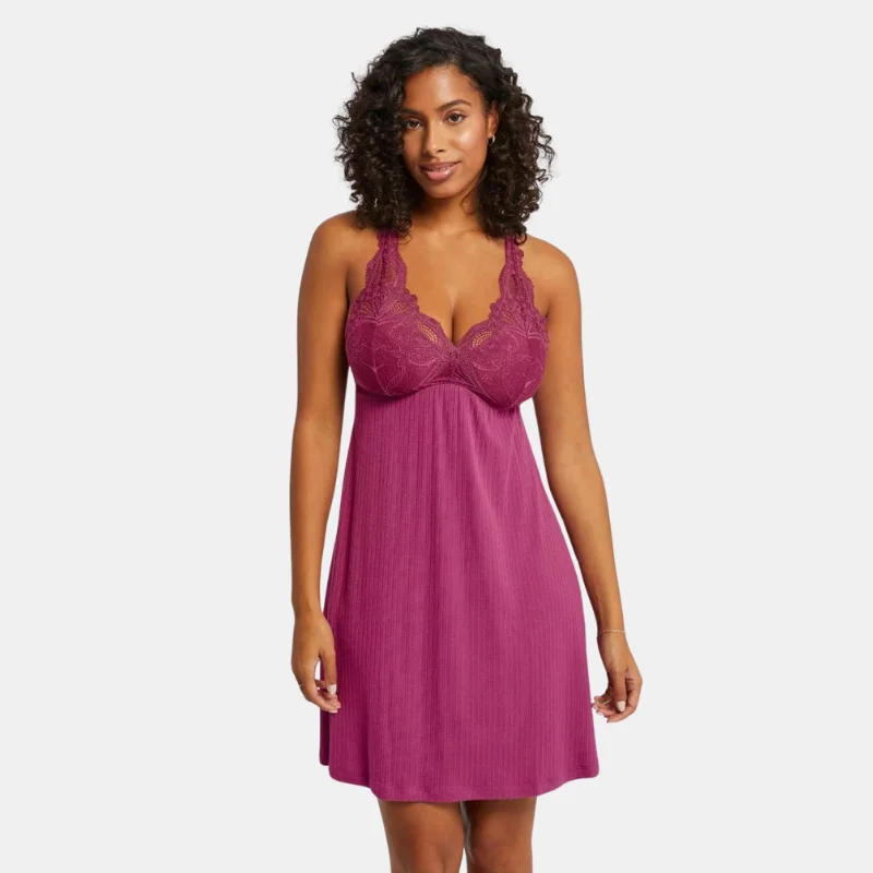 women lounge dress for a maternity - friendly optionFleur't Belle Époque Iconic Full Chemise Cranberry Pointelle