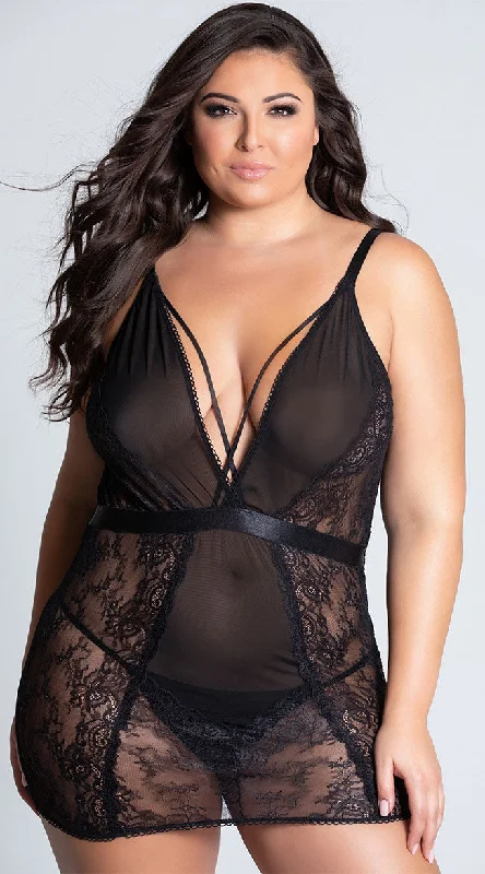 plus size women lounge dress for a flattering silhouettePlus Size Viviane Plunging Mesh and Lace Chemise Set