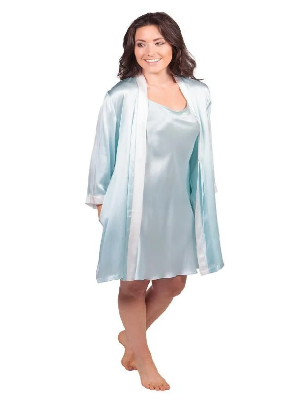 solid - colored women robes in trendy huesAQUA SILK ROBE CHEMISE WITH IVORY CONTRAST - RB CHE-AQA