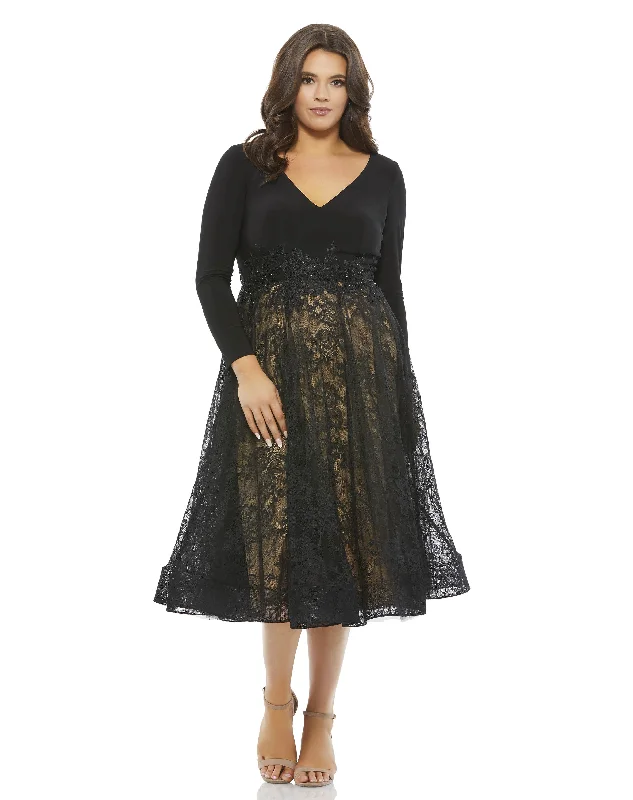 Velvet sexy dresses for a plush and warm lookMac Duggal 67897 Long Sleeve Plus Size Cocktail Midi Dress