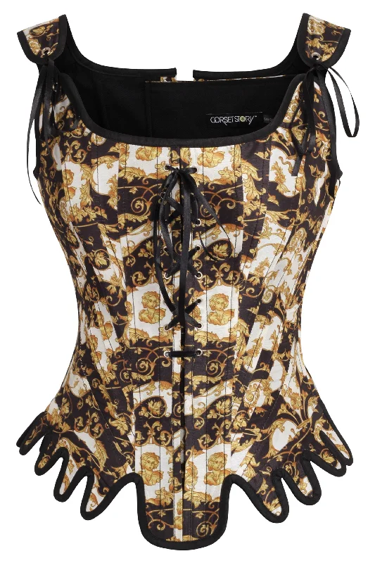 Silk bustiers for a luxurious and smooth feelHistorically Inspired Black and Gold Corset with Roman-Italian Style Print