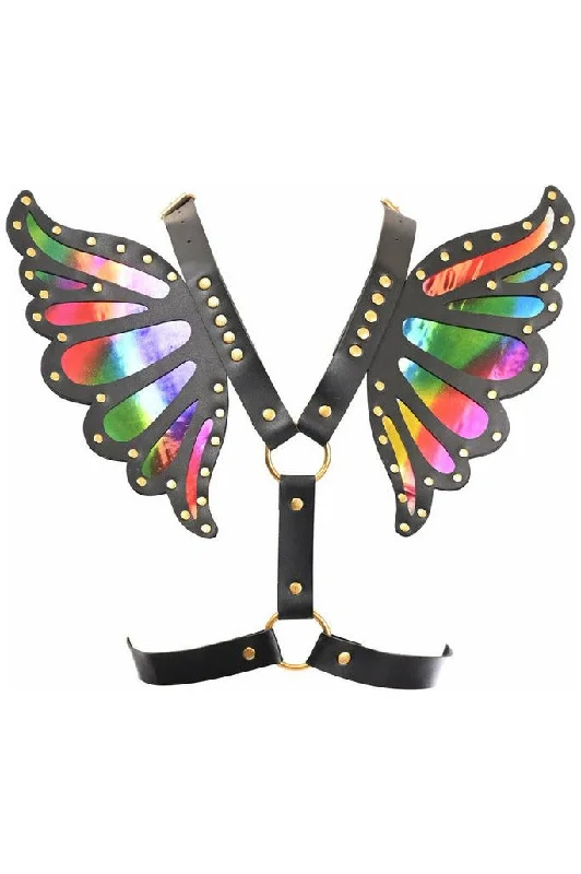 Multicolored bustiers with a vibrant and playful designBlack Faux Leather & Rainbow Holo Butterfly Wing Harness