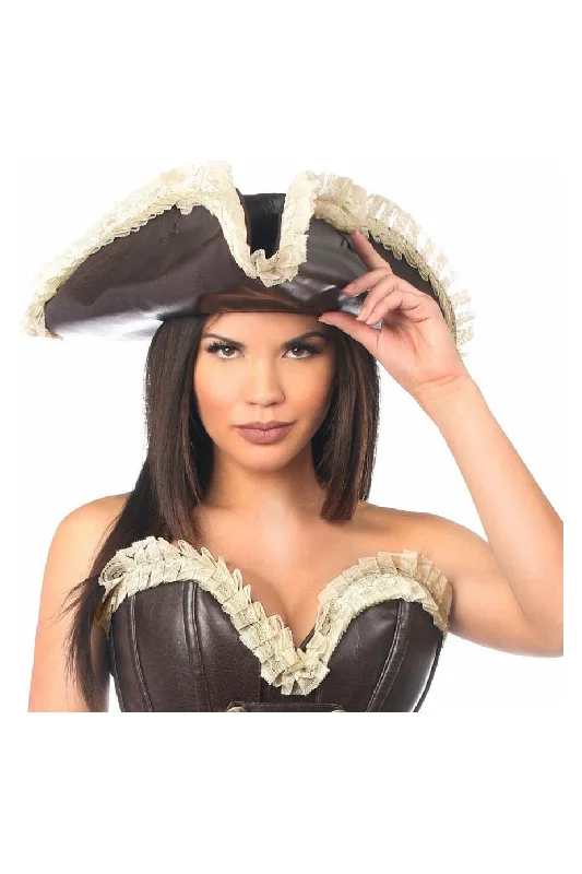 Victorian - era corsets with intricate boning detailsDark Brown Distressed Faux Leather w/Cream Lace Pirate Hat