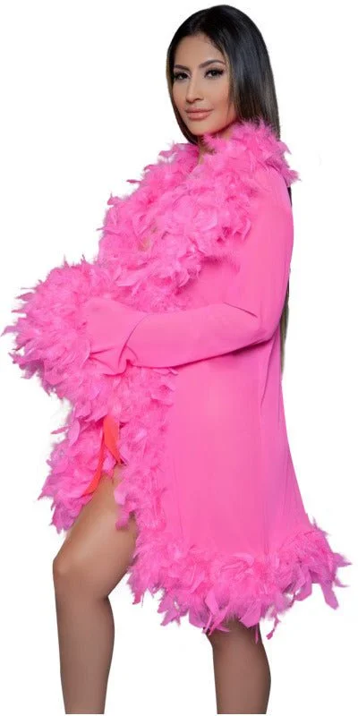 women robes with a contrast - colored beltSexy Long Boa Feather Robe in Hot Pink