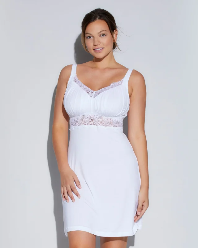 women lounge dress with a fitted bodice and flared skirtAllure Curvy Chemise | White