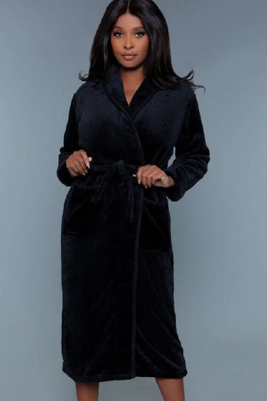 women robes with thermal - regulating propertiesFull-length Plush Black Robe