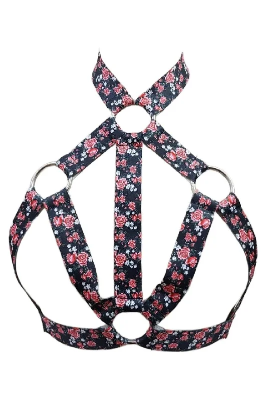 Burlesque - inspired bustiers for a performance lookFloral Print Stretchy Body Harness w/Silver Hardware