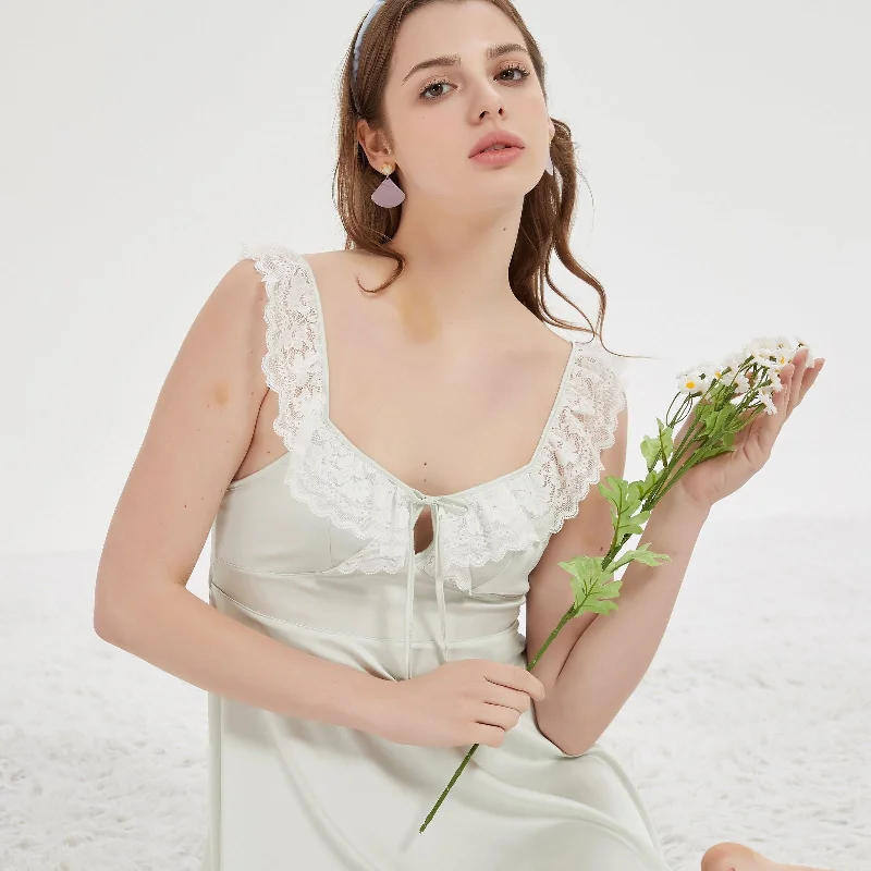 women lounge dress with a pocket - friendly design for carrying essentialsIvory Satin Chemise with Delicate Lace Trim