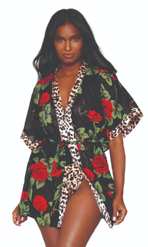 wrap - around women robes with adjustable beltsRose Print Chiffon Robe & Leopard Print Teddy Set