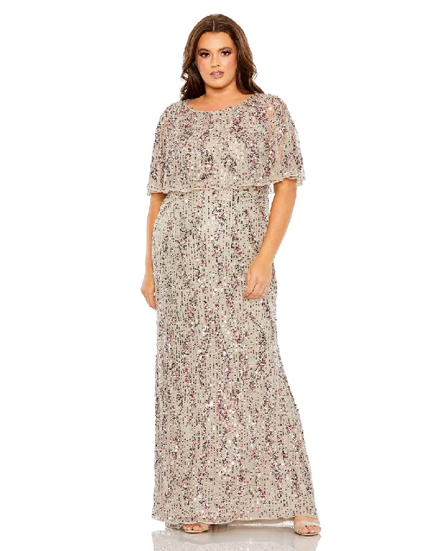 Denim - inspired sexy dresses for a casual - yet - sexy vibeMac Duggal 93867 Plus Size Formal Long Sequin Cape Dress