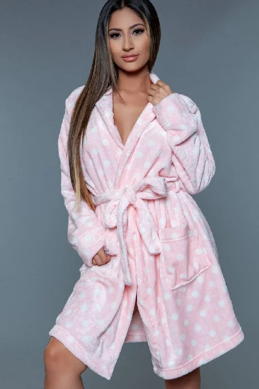 women robes with a reversible design for versatilityPink Polka Dots Mid-Length Plush Robe