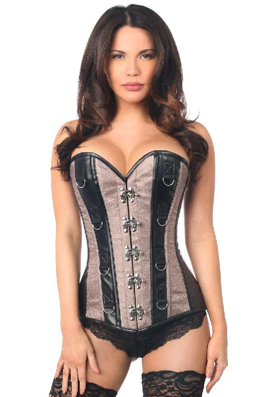 Geometric - printed bustiers for a modern and trendy lookTop Drawer Gunmetal Brocade & Faux Leather Steel Boned Corset