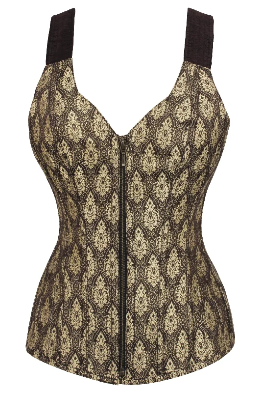 Waist - training corsets for long - term figure shapingBrown and Gold Brocade Overbust with Zip front