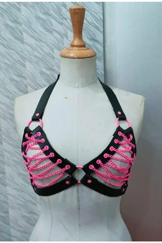 Lace - covered corsets for a feminine touchCandy Collection - Pink Chain Lace-Up Bra Top Harness