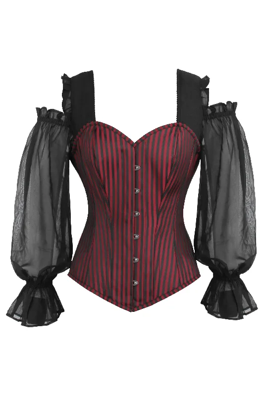 Breathable corsets for all - day wearLong Sleeve Red and Black Striped Overbust Corset with Chiffon Sleeves