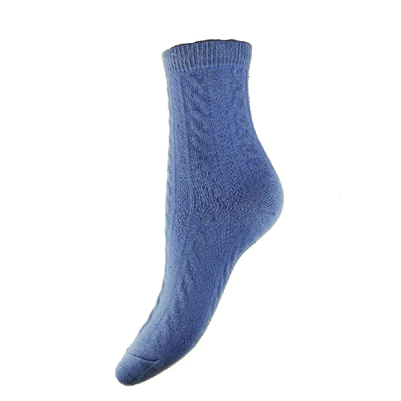 Blue cable knit ladies wool blend socks