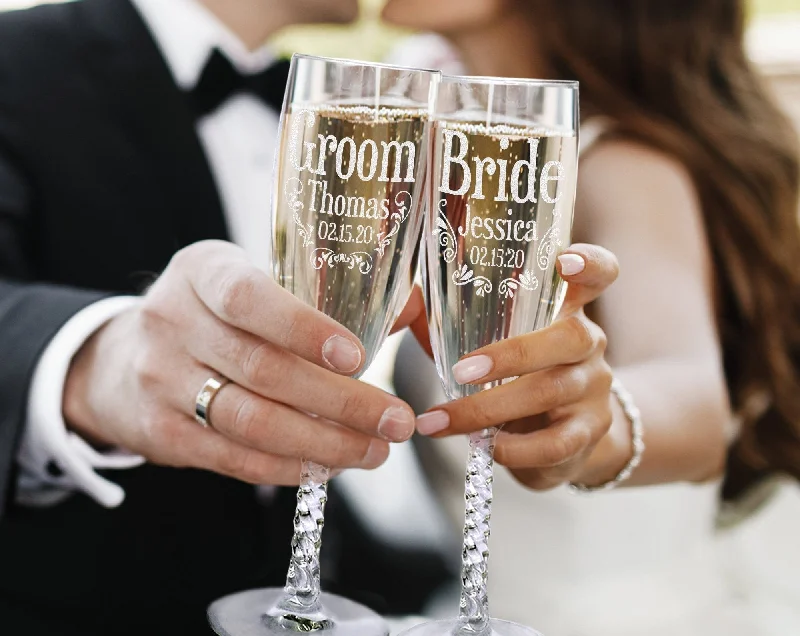 Bridal Shower Personalized Bride Groom Flutes Set of 2 Vow Renewal Future Mr Mrs Wedding Champagne Glasses Newlywed Couples Engraved Gifts