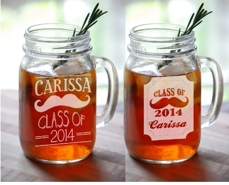 Class of 2022 Mustache Designs Gift Engraved Mason Jar Mugs Graduation Personalized Drinking Mug Glass Etched Gift Party Favor Graduate Gift