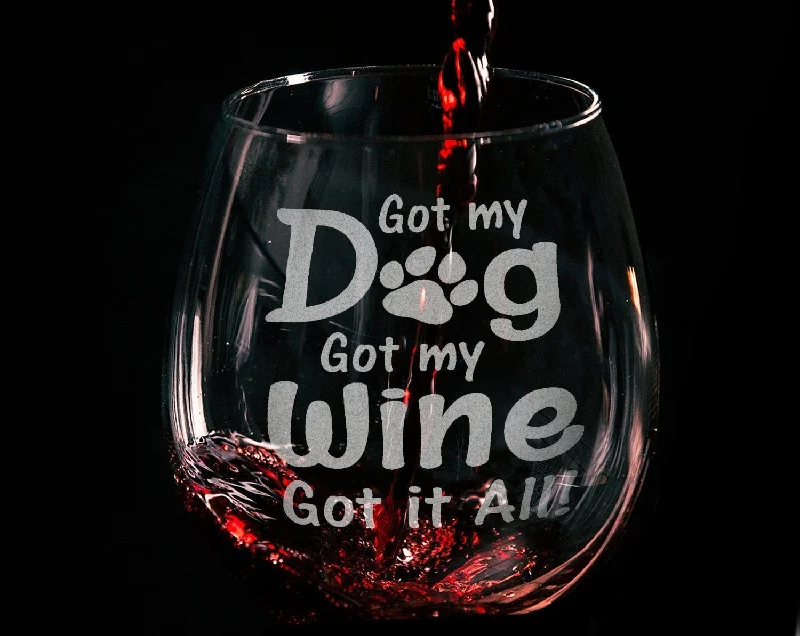 Custom Dog Mom New Christmas Puppy Gift Funny Dog Lover Stemless Wine Glass Laser Etched Glassware Got my Dog Got my Wine Rescue Adoption