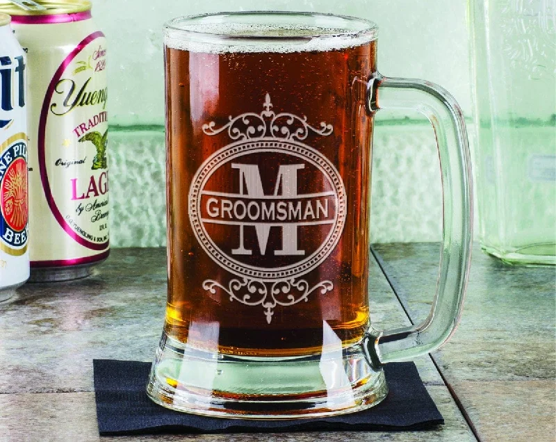 Fancy Initial Engraved Wedding Party Beer Stein Personalized for Groomsman Best Man Father of the Bride Gift for In Laws Brother Birthday