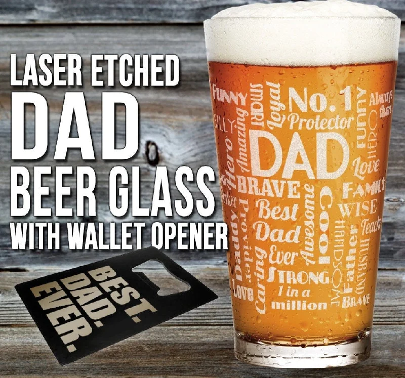 Fathers day gifts for Daddy, Dad Word Art Pub Glass Set with Wallet Card Beer Opener PERMANENT Laser Engraved Husband New Best Dad Men Gift