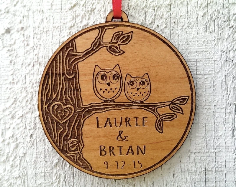 Love Birds Owl Heart Personalized Christmas Ornament for Him Her Couples Gift Christmas Ornament Lover Personalized Names Date Tree Trunk