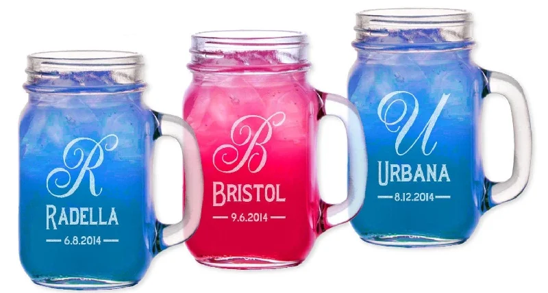 Monogrammed Initial Personalized Party Drink Mason Jars with Handle Engraved Groomsmen Favor Bridesmaid Gift Idea Wedding Birthday