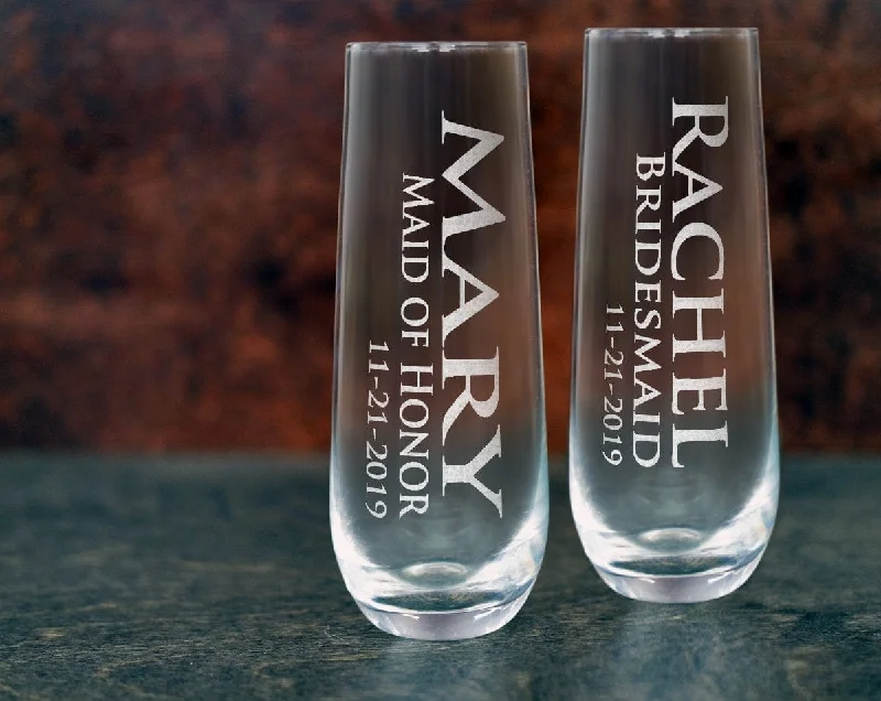 Name Glass Stemless Champagne Flutes Bridal Party Gifts for Her Custom Proposal Bride Engraved Wine Idea Personalized Maid of Honor Flute