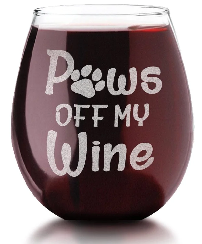 Paws off my Wine Funny Dog Lover Stemless Wine Glass for Wine Lovers Pet Mom Dad Birthday Puppy Gift Fur Mama Animal Owner Engraved Gifts