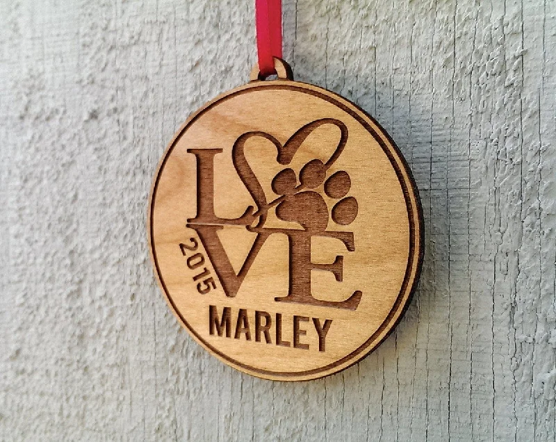 Personalized Pet Ornament Gift With Love Paw Print Pets Name and Date Ornament Dog Cat Christmas Gift Custom Engraved Wood Tree Ornament