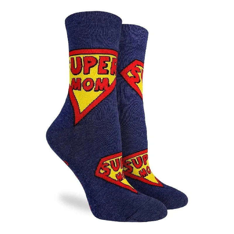 "Super Mom" Cotton Crew Socks by Good Luck Sock - Medium