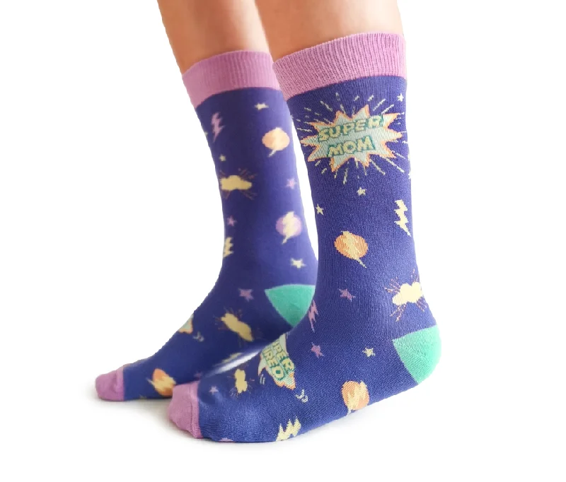 "Super Mom" Cotton Crew Socks by Uptown Sox - Medium