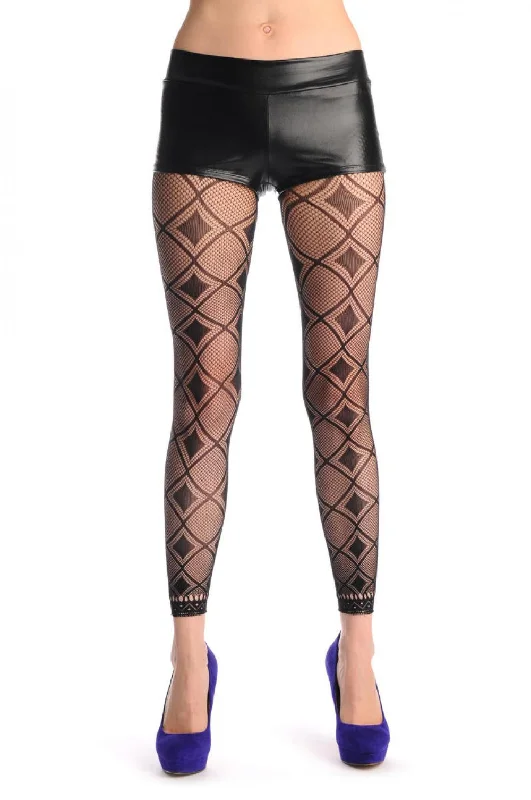 Black & Transparent Rectangles With Lace Trim Footless Fishnet