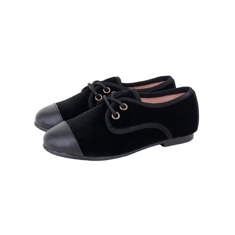 Perroquet Boys Black Velvet Oxford Shoes with Leather Cap Toe - Black