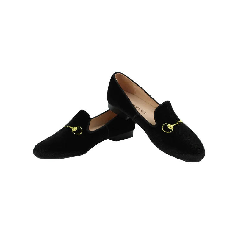 Perroquet Girls Velvet Smoking Shoes with Embroidery - Black