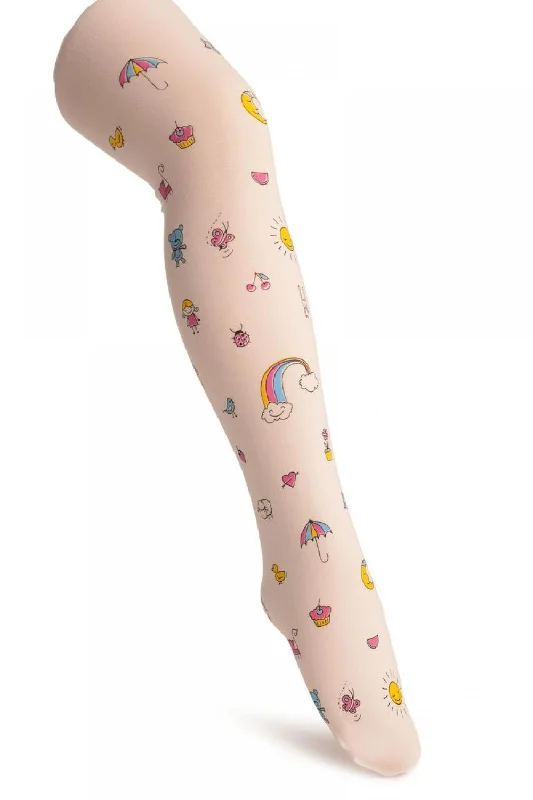 White With Printed Rainbow & Ice Cream - Girls Tights